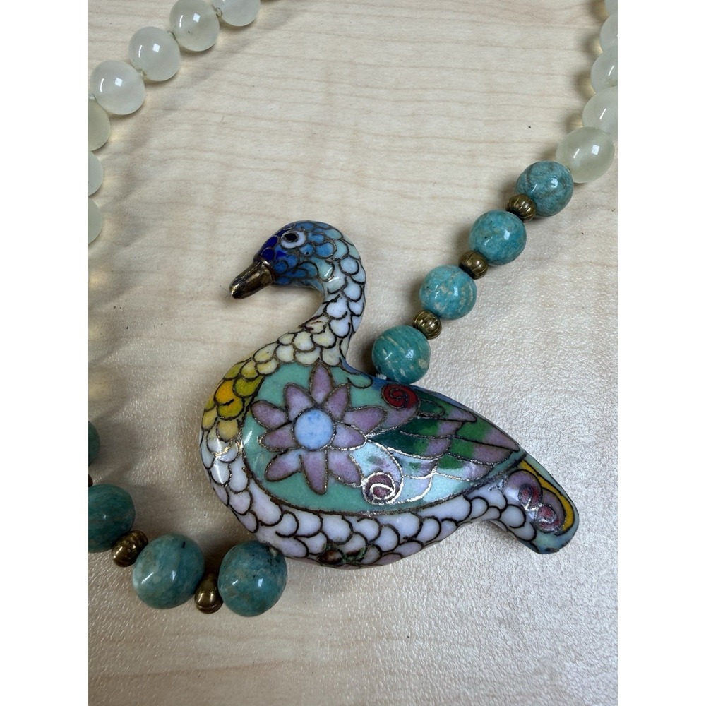 VTG Chinese jade? Cloisonne Brass Enamel Goodluck Goose Bird‎ Pendant Necklace - Picture 11 of 16
